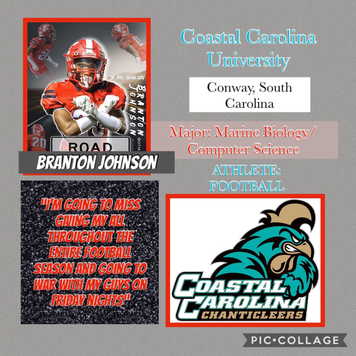 Branton will be heading down south to play football at Coastal Carolina University while studying Marine Biology and Computer Science. Congrats Branton!