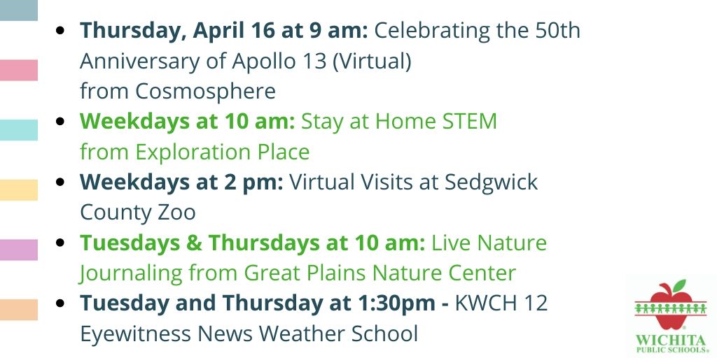 Check out virtual STEM Activities from our partners via their Facebook! @kscosmosphere @DiscoverAtEP @SedgwickCoZoo @GPNatureCenter @KWCH12