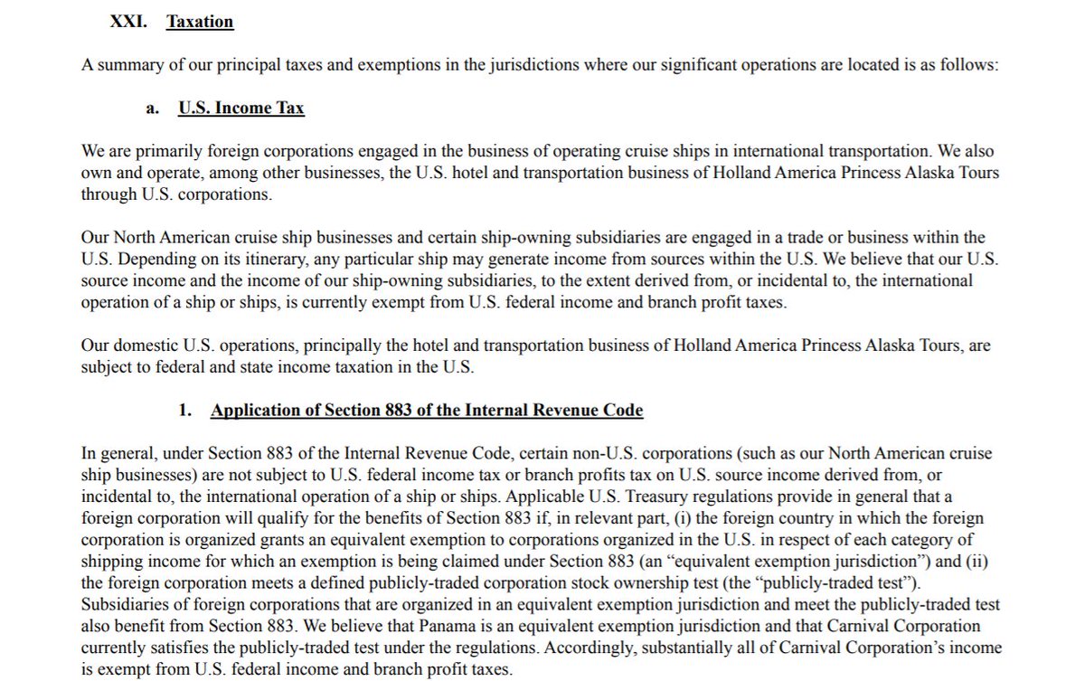 TRUMP'S TASK FORCE on re-opening the economy includes MICKY ARISON, chair of  @CarnivalCruise, which is incorporated offshore.CARNIVAL notes on its SEC filings that "substantially all of [its] income is exempt from US federal income & branch profit taxes"  https://www.sec.gov/Archives/edgar/data/815097/000081509720000003/a201910k.pdf