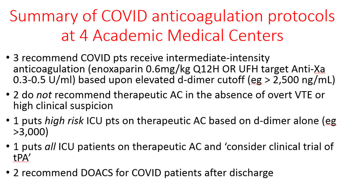 Jmarksloan's tweet photo. I just finished reviewing the #COVID anticoagulation protocols at several different academic medical centers.  Here is a summary.  @connors_md @MaryCushmanMD @AggieLeeMD https://t.co/SlN8vOugzX