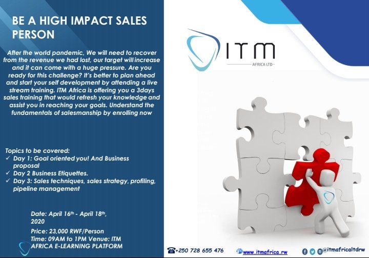 itmafricaltdrw's tweet photo. "Do not let the lockdown put you down. Instead, take the opportunity to build capacity"
#RwOT
Tomorrow, we kick off our 3-days Sales Training where participants will be equipped with the right tools to shine and boost their company sales once the pandemic ends.💪
#ITMAfricaTrains https://t.co/2ASrgohD2a