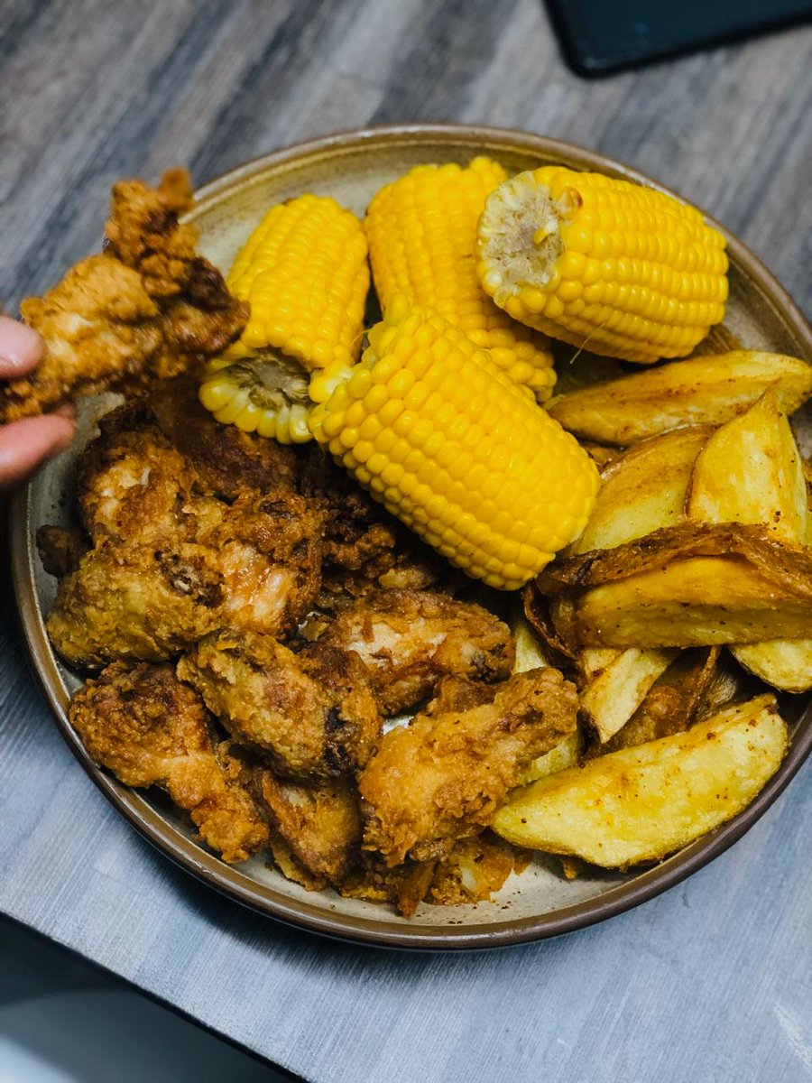 Spicy Wangs, tatoes and corn - had a young home-made chilli sauce and mayo on the side 