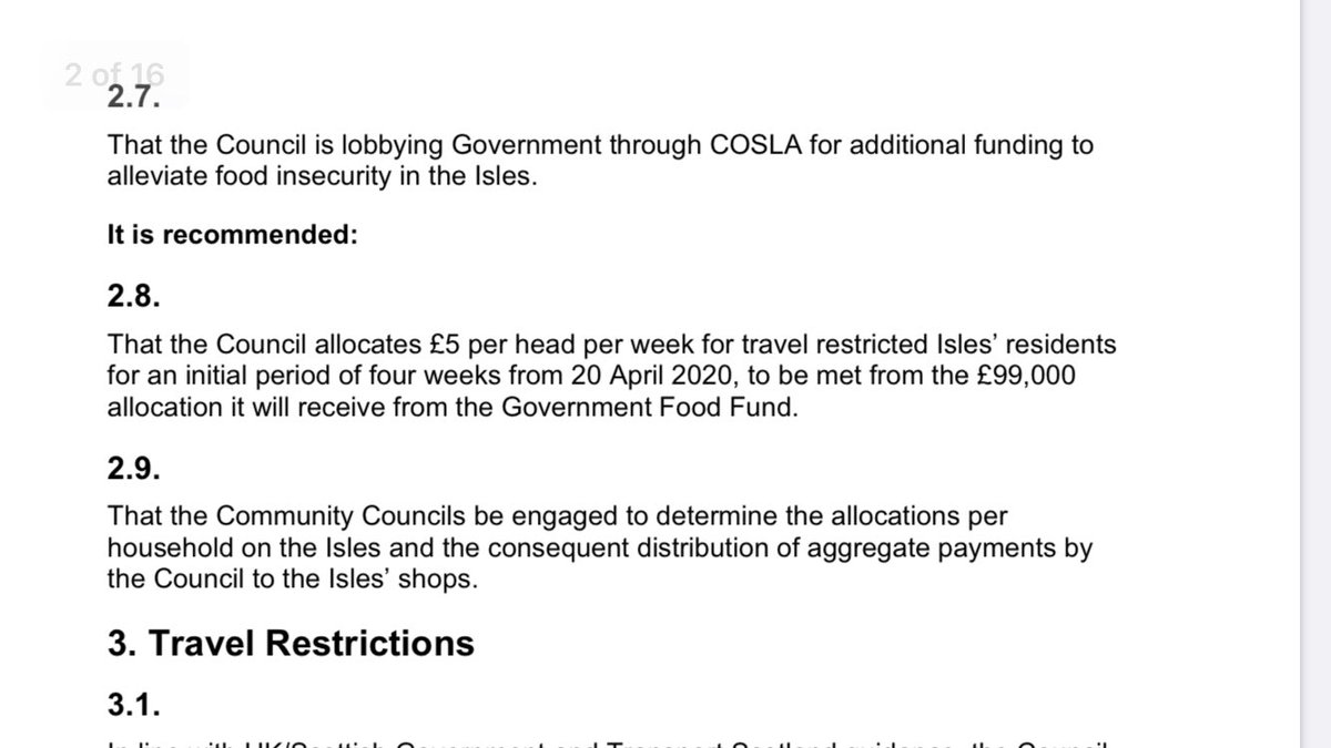 Councillors in Orkney will tomorrow discuss proposals to give outer isles residents £5 per week per head for food for the next four weeks. Money would come from a £30 million national pot. Report says isles residents are ‘discouraged’ from travelling to the mainland for food.
