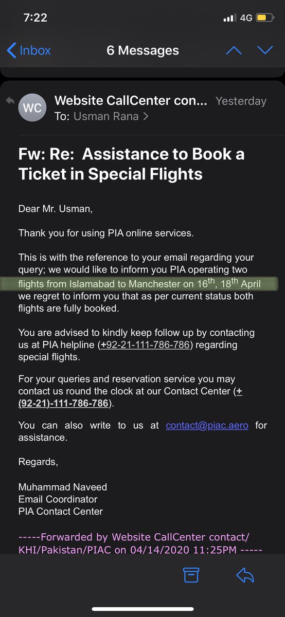 Here I’m attaching a reply from  @Official_PIA,a proof that even at this critical time the unprofessionalism of PIA is at its peak.I asked PIA for assistance for the flights from U.K. to Pakistan, while email coordinator gave me information about Islamabad to Manchester flights.