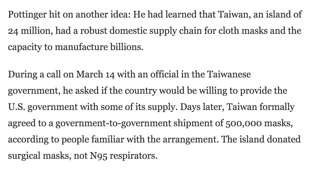 The unique character in this story is deputy national security adviser Matt Pottinger, who previously covered the SARS epidemic in Asia for WSJ. He viewed COVID-19 as a grave threat early on & had been in regular talks w/ Asian contacts on masks & other protective measures