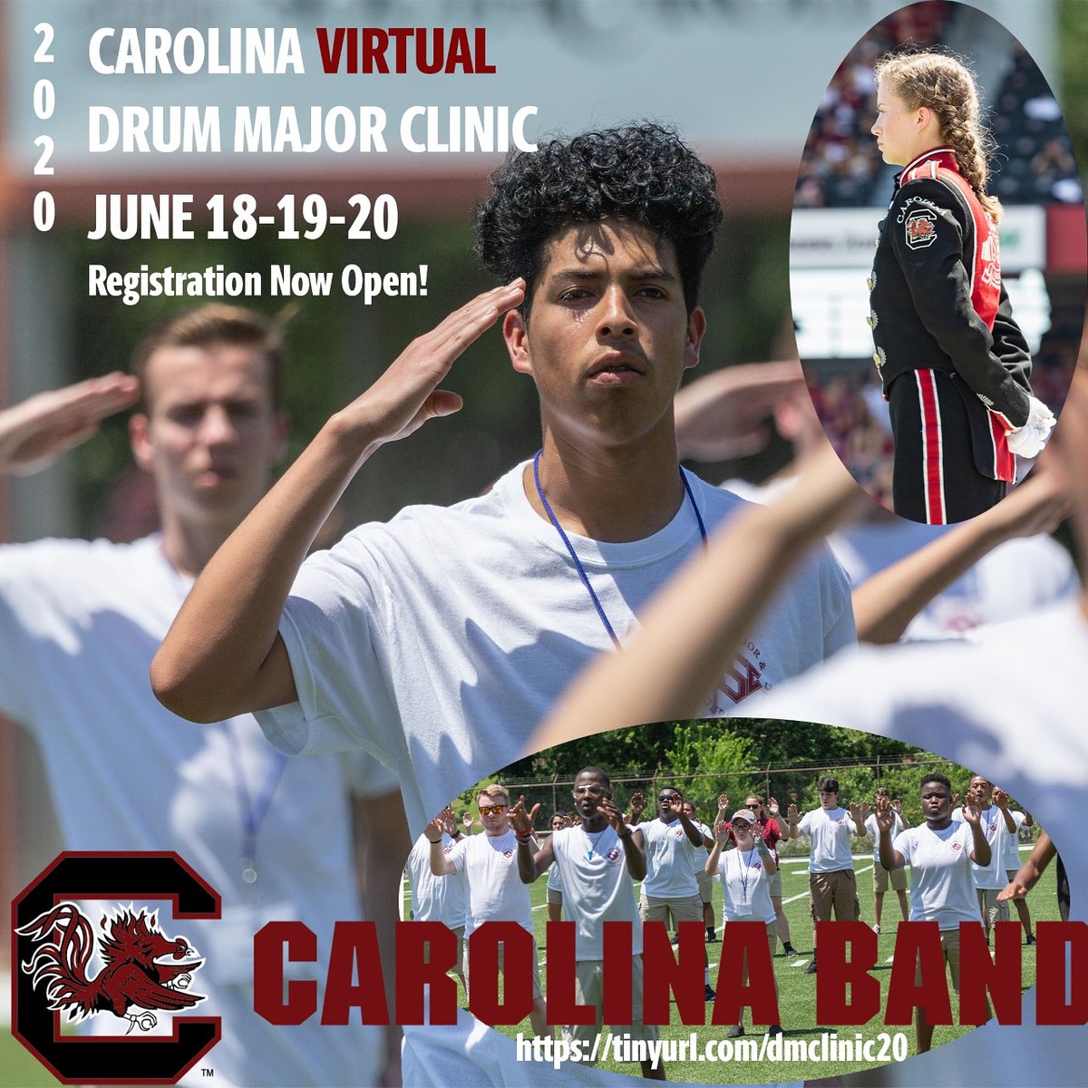 TheCarolinaBand's tweet photo. The Carolina Band is hosting a virtual Drum Major Clinic in June! Register by visiting https://t.co/rb3VebXwS2 #builtforleadership ✋🤚 https://t.co/6w1yT7YPTH