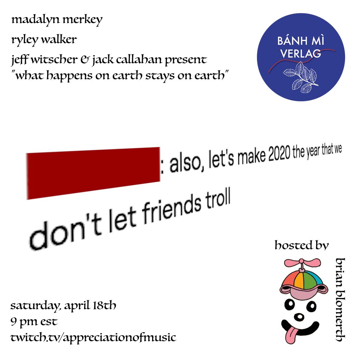 IRCAM_official's tweet photo. this saturday! a livestream event featuring

@cyndisound 
@ryleywalker 
@SLINGBLADElean 
@pupsintrouble 
and yours truly @banhmiverlag 

9 pm est
https://t.co/PiDqOGGRIf https://t.co/znxBq5cm4n