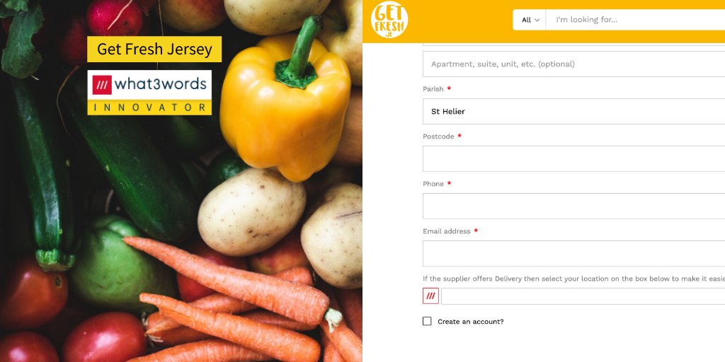 picture of fresh vegetables on left. Screen grab of get fresh's online check out on right asking for a what3words address.