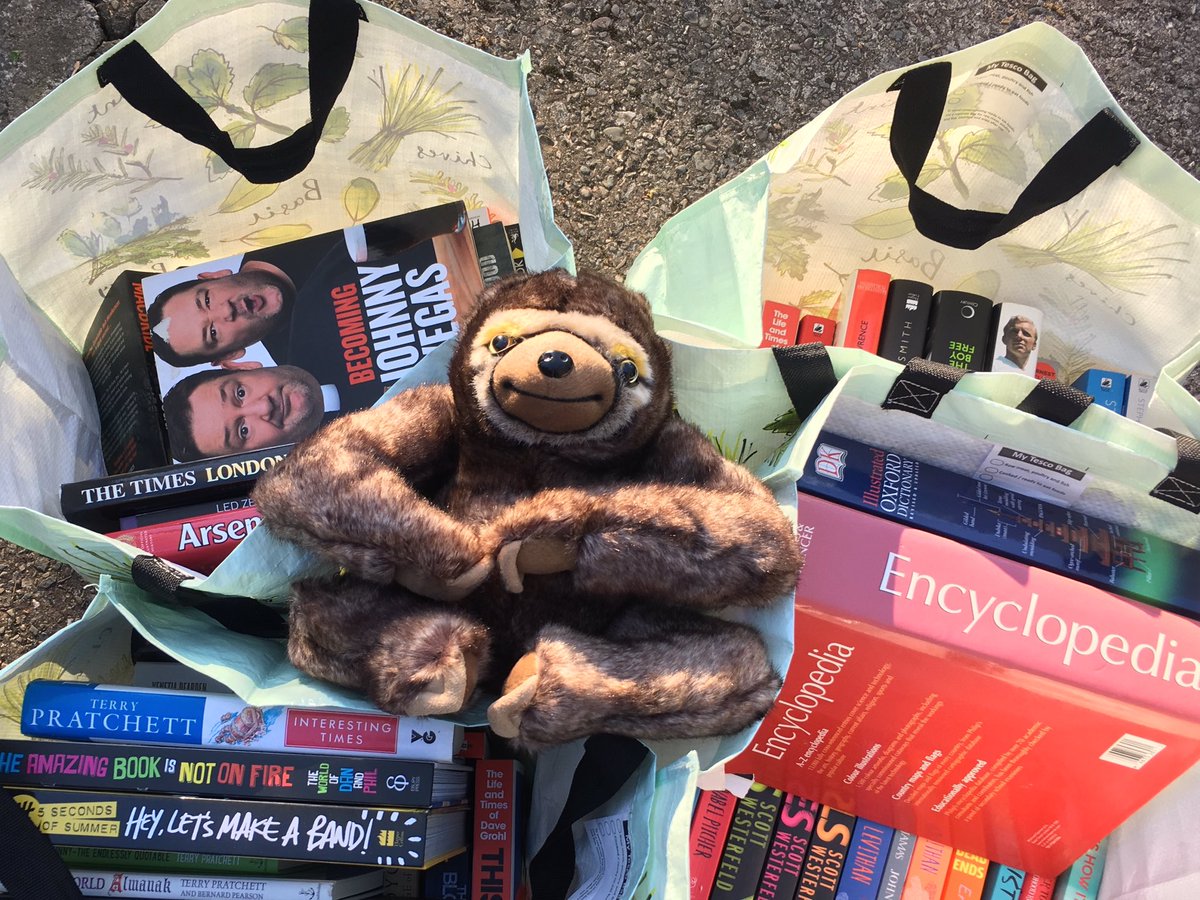 zacstributefund's tweet photo. Wow thanks to Sarah Savage for the books, Slothy has his eye in a few 😊 I’m sure they won’t last long on our stall....thank you Emma &amp; Andy for dropping them off @RMCHcharity #mrslothy #slothsunite #teamzac #charity 💚💚 https://t.co/fcrgUnVNkX