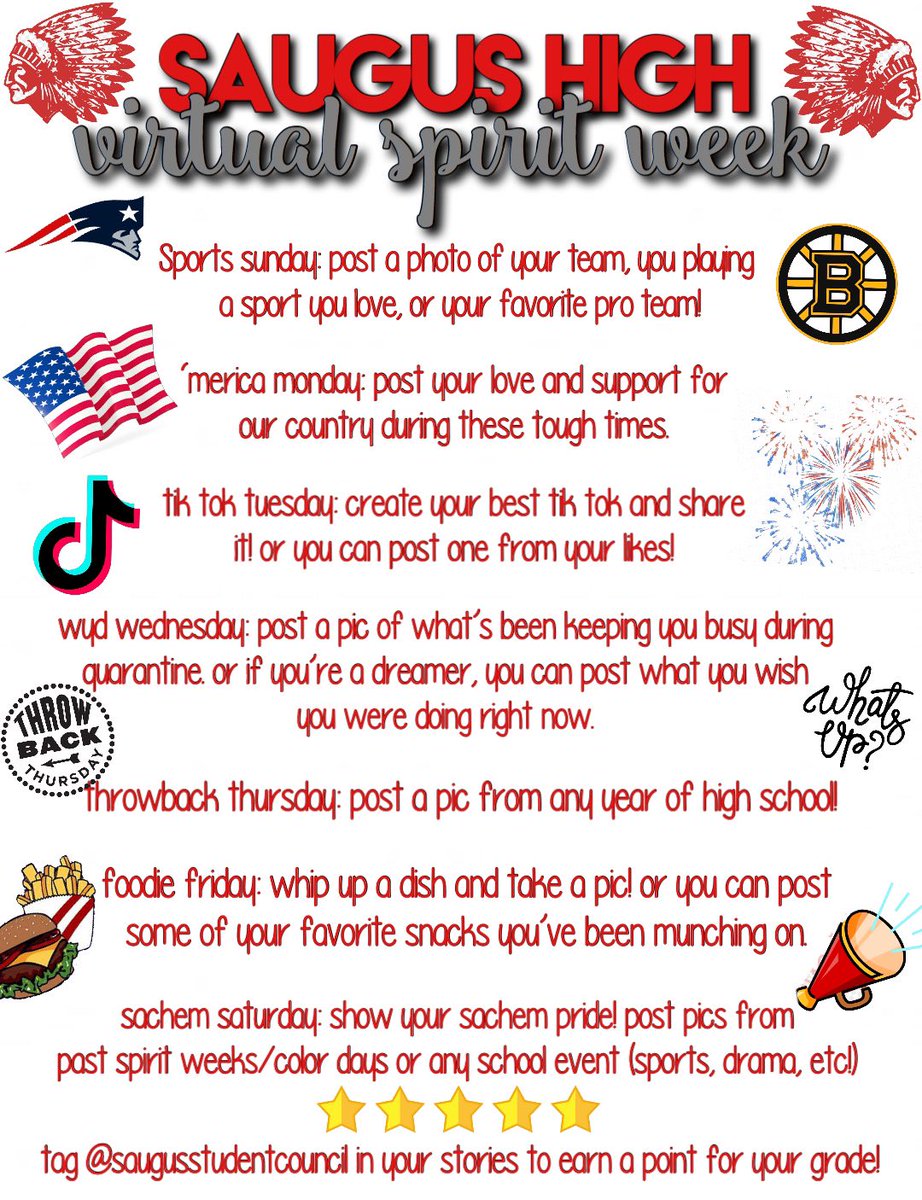 Starting this Sunday (4/19) we will hosting a virtual spirit week! Make sure to take a picture and tag us <a href="/SHSStuCo2/">Saugus High StuCo</a> or @Saugusstudentcouncil on Instagram to earn a point for your class! Have fun and make sure to spread #sachempride