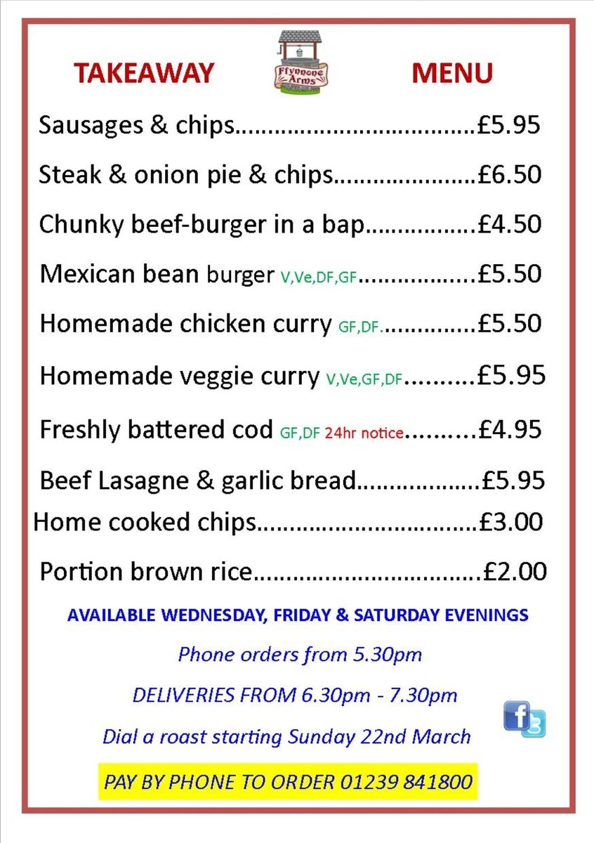 ffynnonearms's tweet photo. #takeaway menu. Wednesday Friday and Saturday evenings order from 5.30pm. Dial a roast  Sunday. #pembrokeshire #COVID19 https://t.co/rs7vkWWuJp
