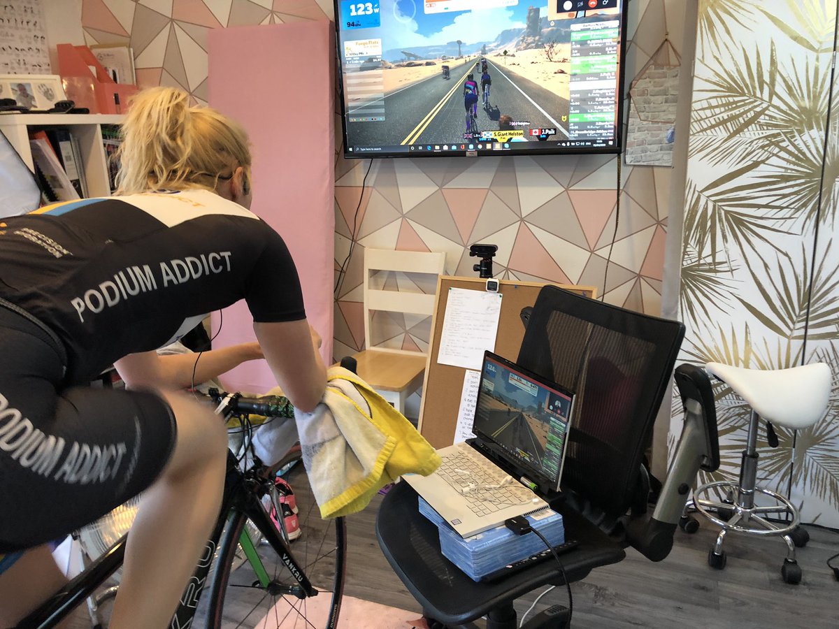 Team turbo in progress.
Wednesday night fun for the Podium Addicts. Give us a wave when we go past 😛 <a href="/PodiumAddict/">Podium Addict Coaching</a> 
.
#teamturbo #zwift #turbo #stayindoors #cycling #justkeepspinning #ouch #team #ourathletesAreawesome