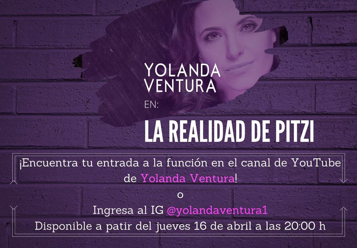 yolandaventura1's tweet photo. #teatroencasa Mañana por el canal de YouTube #AndaYolanda a las 8 pm y ahí permanecerá para cuando quieras ver este monólogo totalmente gratis . Gracias @RealidadPitzi @aleortegalegasp por hacerlo posible 🙏🏻💜 https://t.co/aEl2x7F0ei