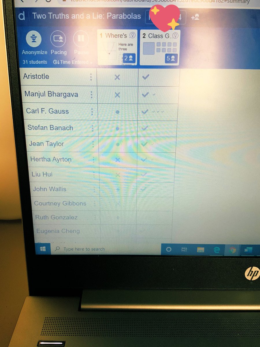 MsBlue_MathHend's tweet photo. Super thankful to @Desmos for allowing my students to interact with one another in such a simple &amp; fun activity! They play Two Truths &amp; a Lie to spot the lie about the given parabola. Then have a chance to create their own challenge &amp; they can respond to one another’s! 😍 https://t.co/QbLfw97oLp