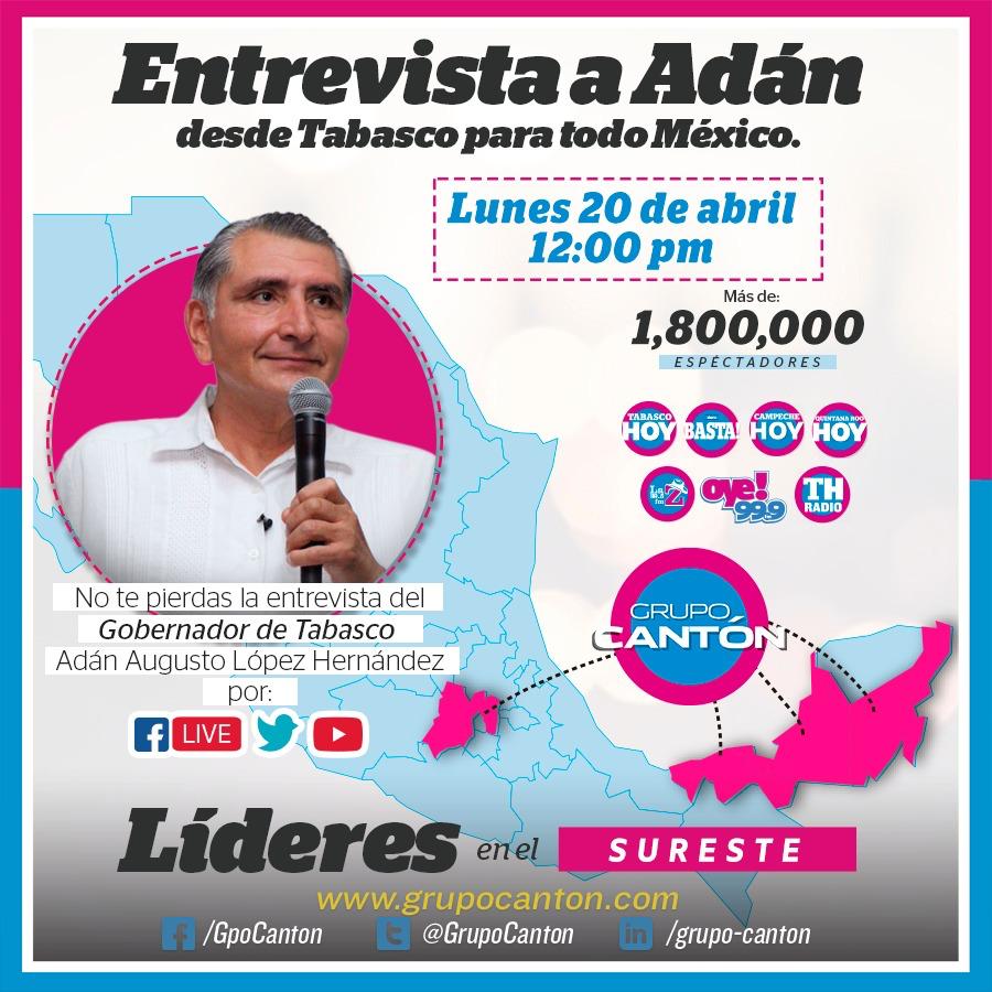 El próximo lunes 20 de abril escuche la entrevista con el Gobernador de #Tabasco <a href="/adan_augusto/">Adán Augusto López H</a> López Hernández en el Enlace Radiofónico Regional con Tabasco HOY #QuintanaRoo una entrevista vía plataforma digital pues el mandatario tabasqueño se recupera de salud <a href="/891Magica/">Frecuencia Mágica</a>