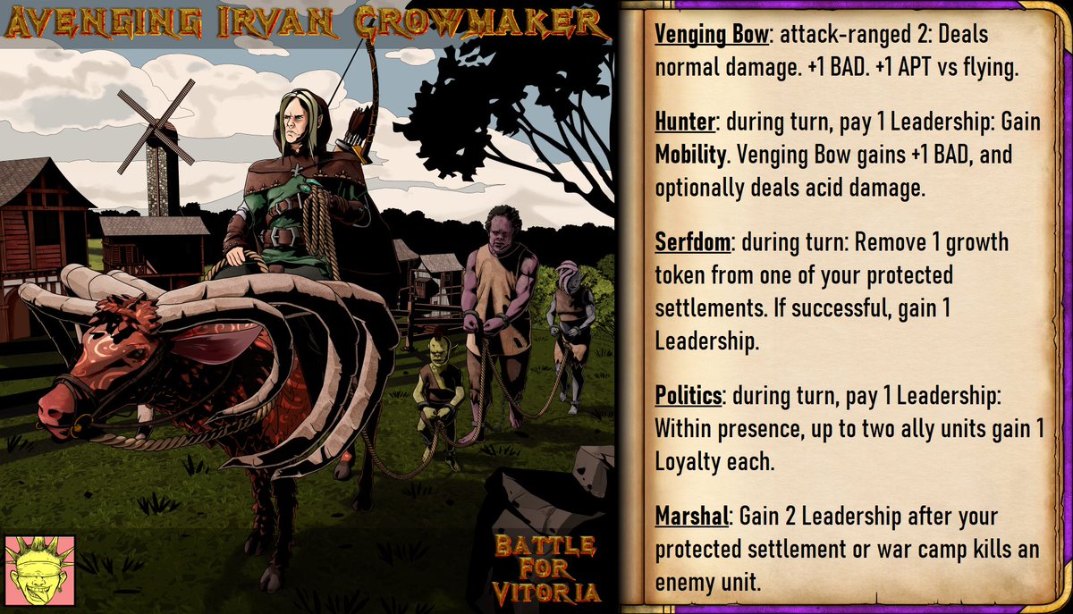 PunkThisStudios's tweet photo. By enforcing #serfdom, #Avenging Irvan #Crowmaker gains #leadership, but slows settlement growth. He plays #politics to #protect his allies.
https://t.co/q8jay0o1T7 - A #competitive #tabletop #wargame
#strategy #gamedev #boardgames #wargamming #vindictive #hunter #marshal https://t.co/Kh8VDr6mEr