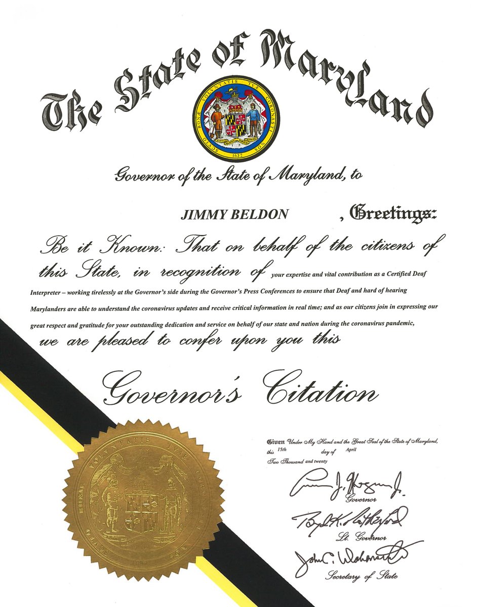 15) Governor Hogan closes remarks by presenting Jimmy Beldon, ASL interpreter, with a citation in recognition of  @aslday1817, National ASL Day.