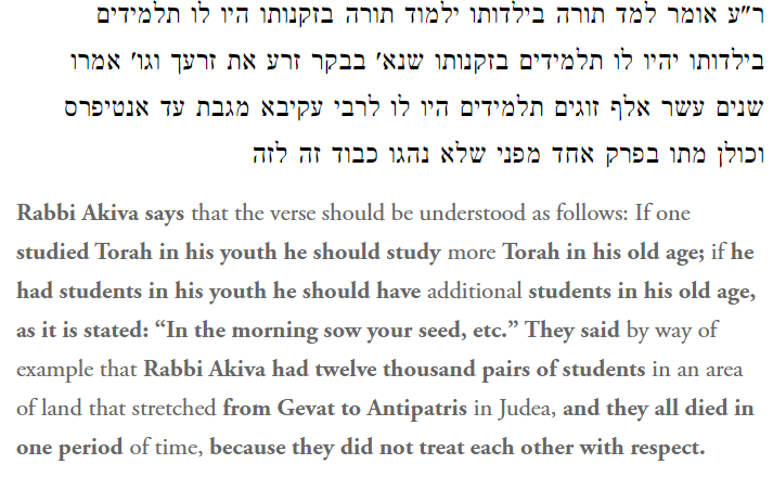 3. What happened with R. Akiva's students? According to the Talmud, 24,000 of R. Akiva's students (12k pairs) died at once because they didn't treat each other with respect (Yevamot 62a) https://www.sefaria.org.il/Yevamot.62b.9?lang=bi&with=all&lang2=en