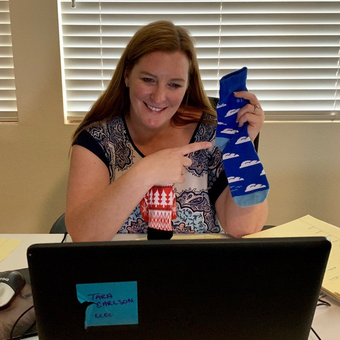 Next week is Wild and Wacky Sock Week at ECEC!  SLP Tara Carlson is showing students what hers will look like on Google Meet.  Put your best socks on for Show and Share.  What do yours look like?