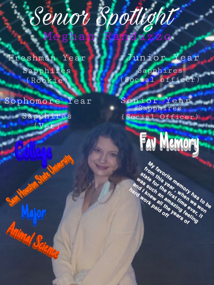 Our Senior Spotlight of the day goes to our founding member, Meghan Randazzo! Thank you for helping to establish the foundation of Sapphires &amp; being a constant through the years. Your talent, work ethic, and funny personality brings us joy daily! We love you MEGHAN! THEE OG💙✨