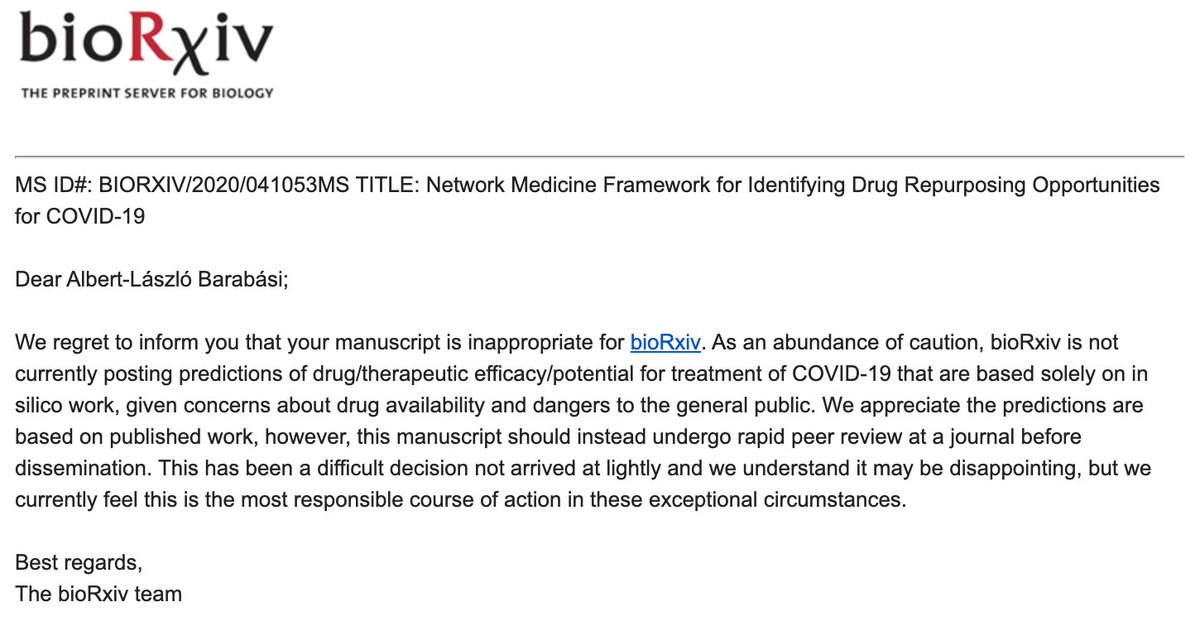 barabasi's tweet image. Really, BioArxiv, not posting COVID-19 papers before peer-review? The  purpose of an ArXiv is to accelerate science. Never has the need for rapid access more imminent, than now, as doctors seek treatment to thousands of COVID patients! 
1/3