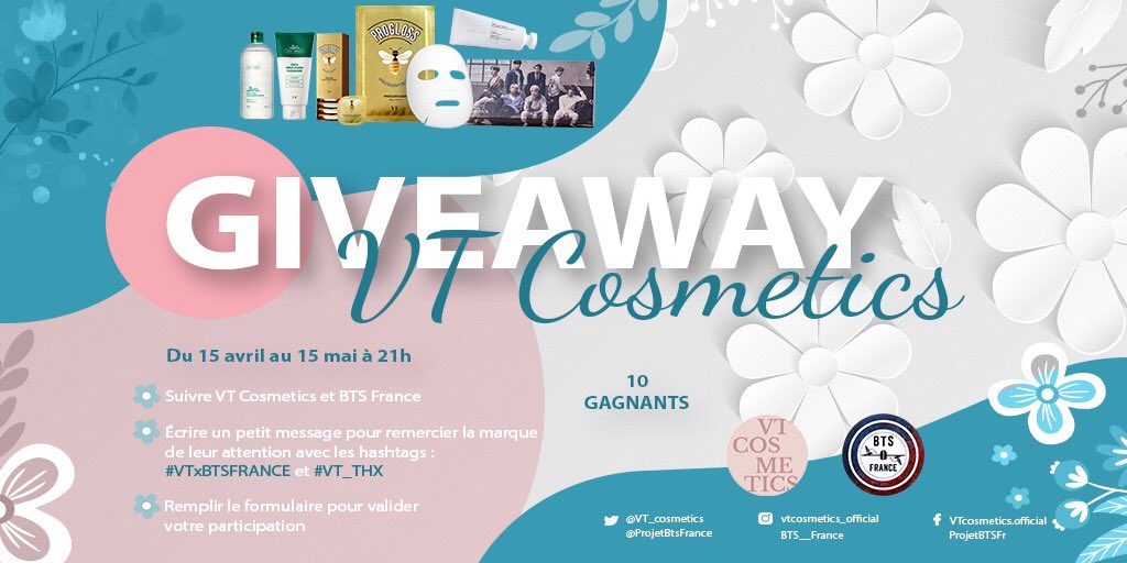 BTSFRANCE_'s tweet photo. [GIVEAWAY 💝💫]

En collaboration avec @VT_cosmetics et pour fêter les beaux jours, tentez de gagner des lots de la marque dont les crèmes BTS L'ATELIER !

🎁 10 lots à gagner

Détails sur le poster 🌸 

Bonne chance à tous 💜 

📝https://t.co/JQu1ZH0ezv

#VTxBTSFRANCE #VT_THX https://t.co/9LLNP96Ojf