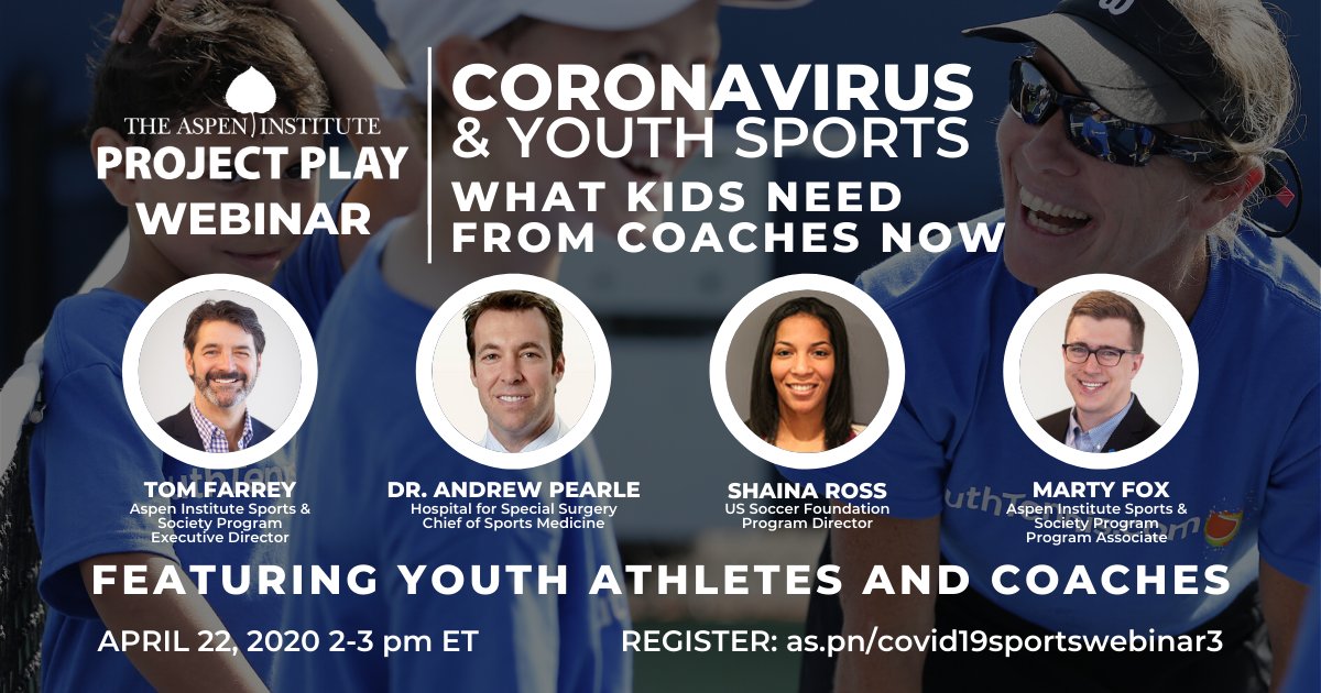 AspenInstSports's tweet photo. Join us Wednesday, April 22 for our next webinar: What Kids Need from Coaches Now, an interactive discussion with young people, coaches, and leading professionals related to physical health and social and emotional well-being. Register at https://t.co/cj9QVv28rf. https://t.co/mLAHPBVDZj