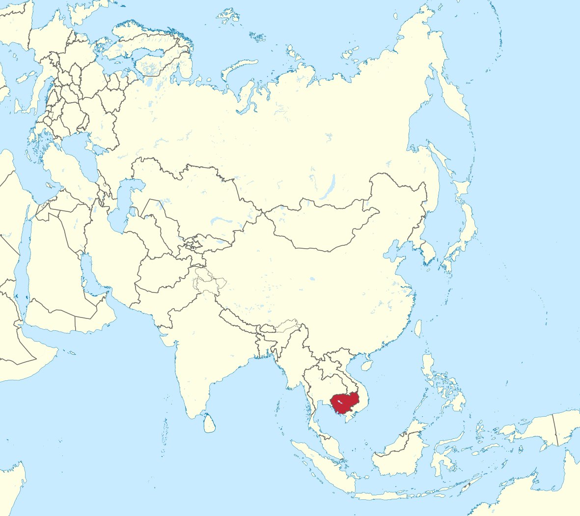 Le Cambodge est un petit pays d'Asie du Sud-Est, coincée entre la Thaïlande et le Vietnam et une frontière avec le Laos. Sa capitale est Phnom Penh (se prononce : "pnome peine")Pour les nuls en Géographie : en bas de la Chine et au-dessus de l'Océanie/Australie