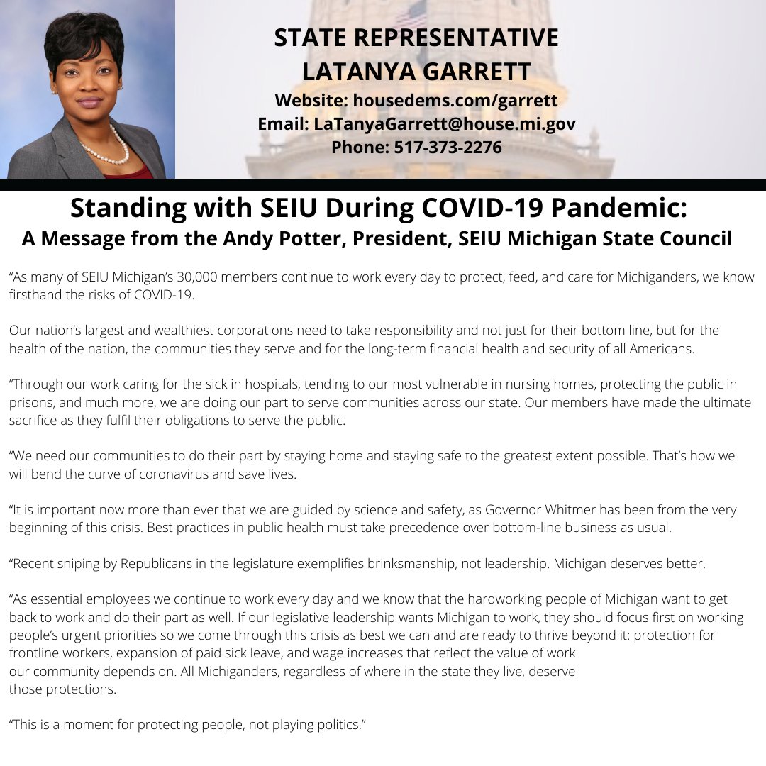 LatanyaRep's tweet photo. During this COVID-19 pandemic, I am standing with SEIU. https://t.co/q6eqiLsLnx