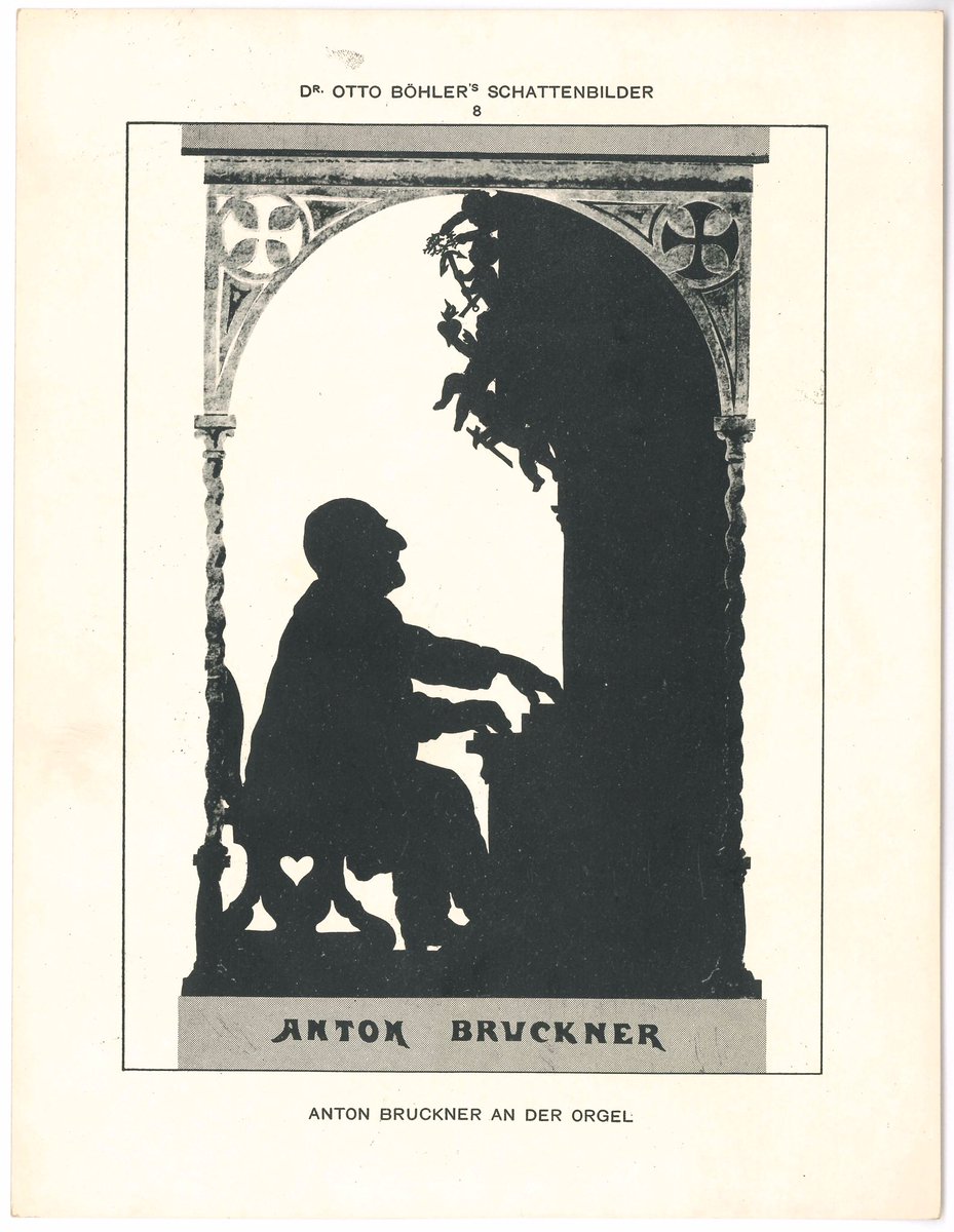 I would like to share a little thread with the works of Otto Böhler. Böhler was an Austrian caricaturist and drew quite a few “Schattenbilder” (silhouettes) of famous musicians of his time;First off; Bruckner behind his organ and Bruckner with Wagner