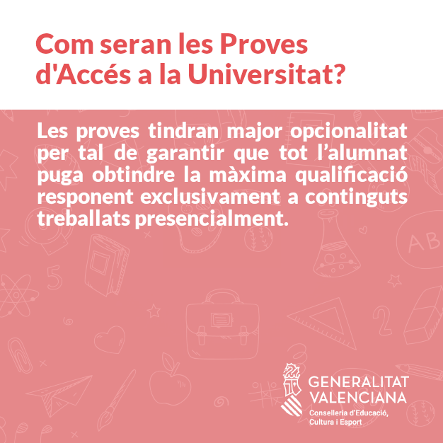 GVAeducacio's tweet photo. ❓ Com seran les Proves d’Accés a la Universitat? https://t.co/hfYrYuSvPw