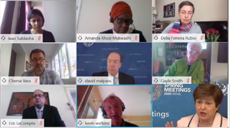 KGeorgieva's tweet photo. Very grateful to have the opportunity to hear from a group of civil society representatives on how we can work together to help the most vulnerable during this crisis, including on reducing poor countries debt burden. We are all in this together. #IMFmeetings #COVID19 https://t.co/l9LPpfqMcf