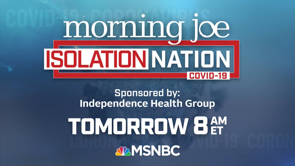 MSNBC Public Relations (@msnbcpr) on Twitter photo Tomorrow, <a href="/JoeNBC/">Joe Scarborough</a>, <a href="/morningmika/">Mika Brzezinski</a> & <a href="/WillieGeist/">Willie Geist</a> host "<a href="/Morning_Joe/">Morning Joe</a> Special Report: Isolation Nation." They will get answers to your coronavirus questions and talk with special guests about how the decisions our leaders make today will affect the country’s future. Tomorrow, <a href="/JoeNBC/">Joe Scarborough</a>, <a href="/morningmika/">Mika Brzezinski</a> & <a href="/WillieGeist/">Willie Geist</a> host "<a href="/Morning_Joe/">Morning Joe</a> Special Report: Isolation Nation." They will get answers to your coronavirus questions and talk with special guests about how the decisions our leaders make today will affect the country’s future.