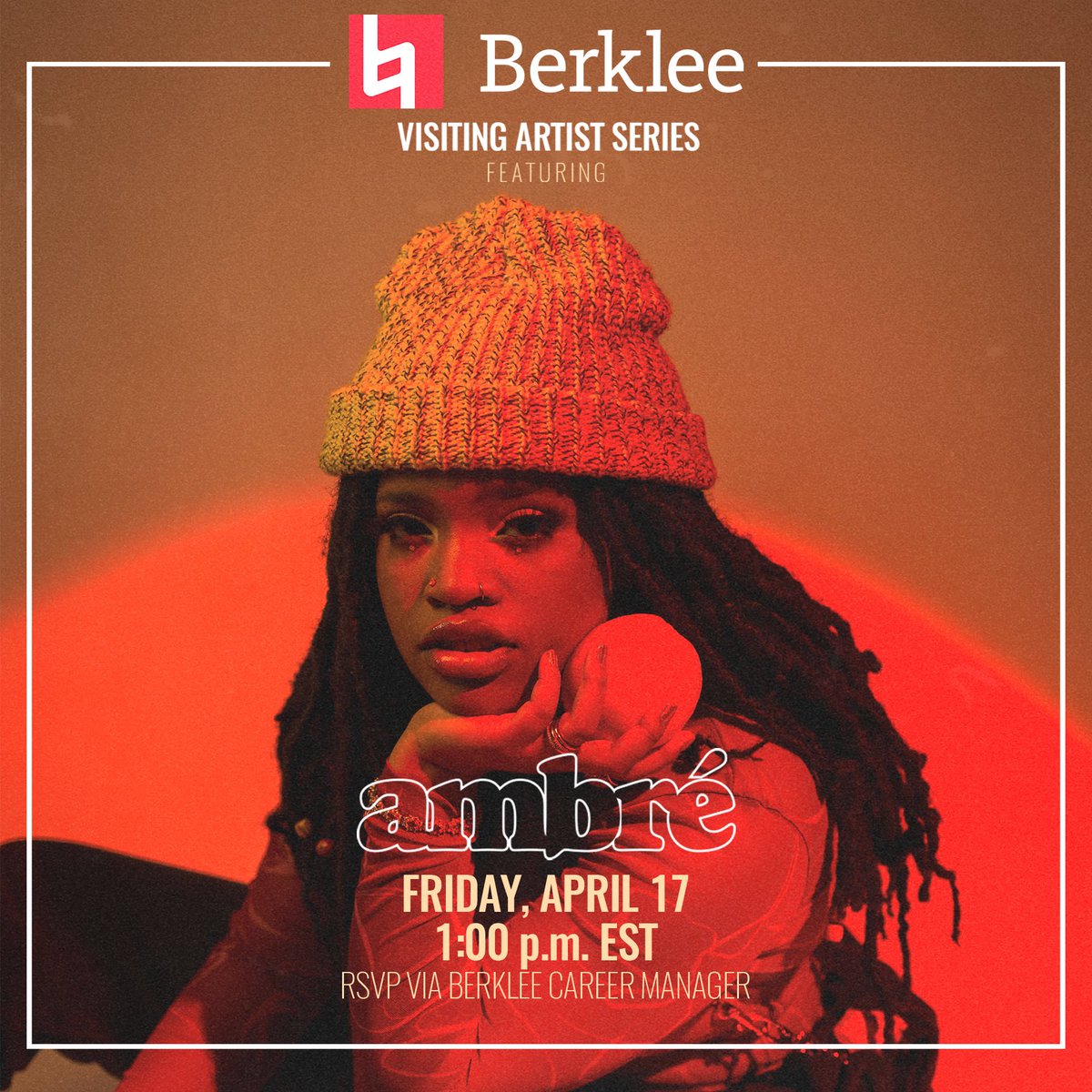 This Friday 4/17 at 1:00p.m. ET, the Career Center is hosting <a href="/ambre/">ambré</a> as part of a virtual Visiting Artist Series. Ambré will share insight on early challenges of being a self-taught musician and will also perform! For more info: berklee.edu/events/virtual…