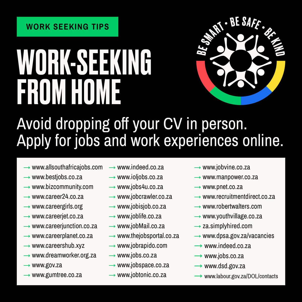 JobAdviceSA's tweet photo. Where can you search for and apply for jobs online?

#3Million3Weeks #Day20ofLockdown #JobAdviceSA https://t.co/vv0WxDU9uA