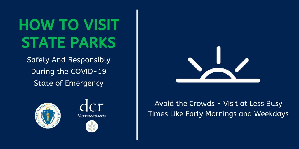 Thinking about visiting a <a href="/MassDCR/">MassDCR</a> state park for some fresh air? 

To help limit crowding, consider visiting at less busy times - early mornings and weekdays tend to be less crowded, which will help to #stopthespread.
 
🔗 <a href="/MassDCR/">MassDCR</a> #COVID19 Updates: mass.gov/info-details/m…