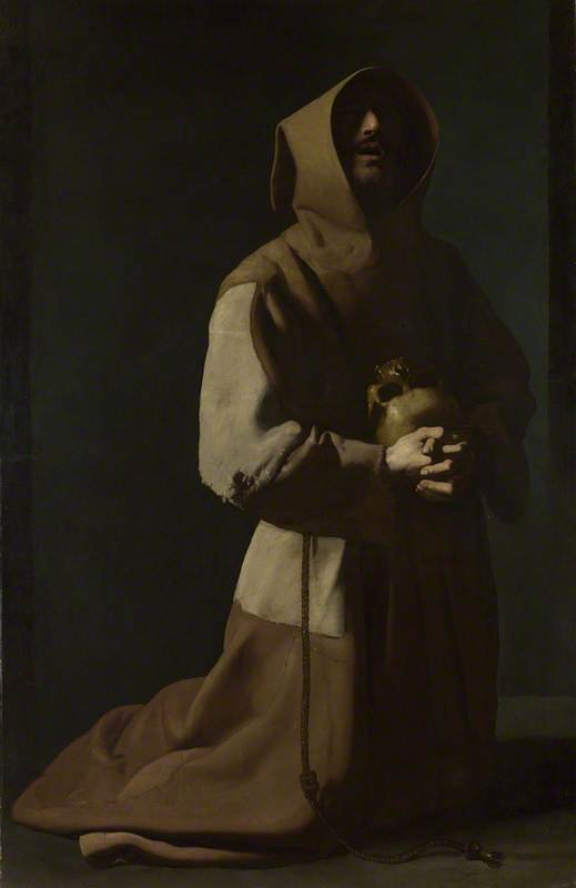 The skull serves like shadow mirror obscuring the saint's heavenwards face, like an umbra contoured by our inescapable mortality. Saint Francis in Meditation ca.1635 by Francisco de Zurbarán.