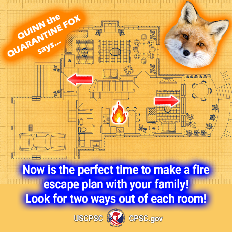 A blueprint of a house. the text reads: quinn the quarantine fox says now is the perfect time to make a fire escape plan with your family! look for two ways out of each room!