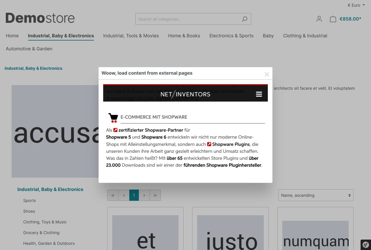 NetInventors's tweet photo. 🎉 Version 1.1.0 unseres Shopware 6 Plugins beinhaltet drei spannende Features:
🆕 9 Positionen des Modals
🆕 Anzeige auf vielen Controllern (z.B. auf checkout)
🆕 Einbinden von externen Seiten als iFrame
@ShopwareDevs #shopware #shopwareplugin @shopware https://t.co/bawt9d5qb7
