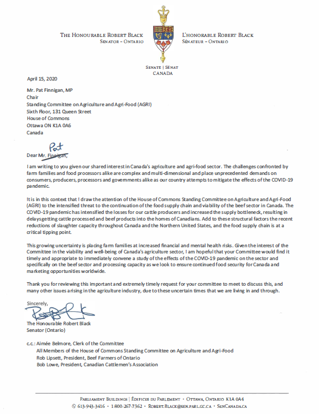 Today, I sent a letter to <a href="/PatFinniganMP/">MP Pat Finnigan</a>, Chair of the House of Commons' Standing Committee on Agriculture and Agri-Food, asking the committee to undertake a study on the effects of the COVID-19 pandemic on Canadian #agriculture, and specifically on the #beef sector.