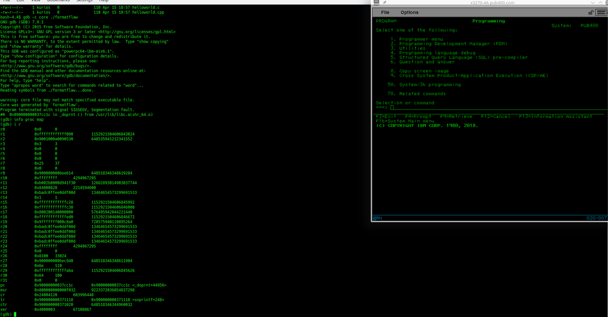 This could be fun...  
Remember <a href="/edskoudis/">edskoudis</a> ' FormatFlaw.c "hackme?"  
Now, imagine that on an AS400...  😈😱👹🖤💩
cc: <a href="/sndkttn/">snd kttn</a> <a href="/grimmcyber/">GRIMM Cyber</a> <a href="/BenLGardiner/">⏢Ben Gardiner (he/him)</a>