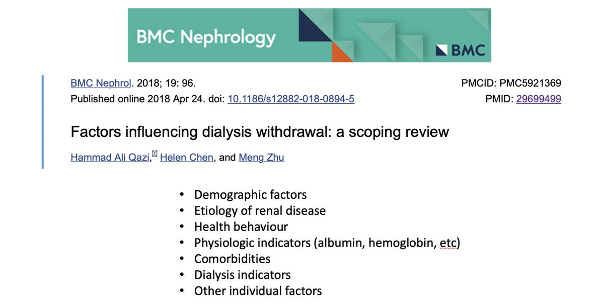 11/ Do right decisions mean no subsequent withdrawal from dialysis? Perhaps not, as several factors, some appearing late, can affect withdrawal - including increasing age, comorbidities (cancer, dementia, loss of mobility, etc) https://www.ncbi.nlm.nih.gov/pmc/articles/PMC5921369/