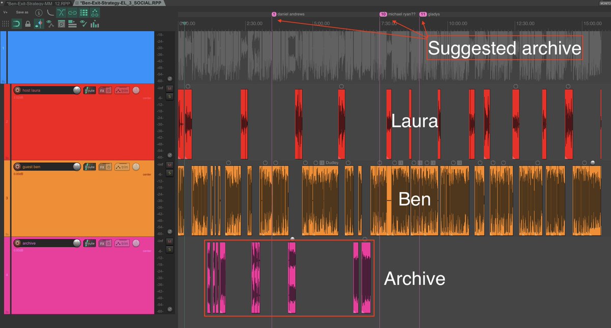 Here I've marked up what each track is, you can see she's already added some key press conference audio and also suggest more that could be inserted in other sections