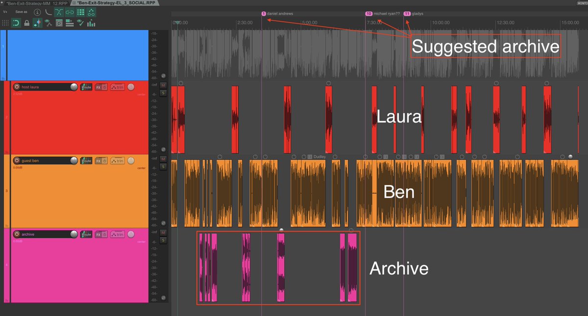 Here I& #39;ve marked up what each track is, you can see she& #39;s already added some key press conference audio and also suggest more that could be inserted in other sections
