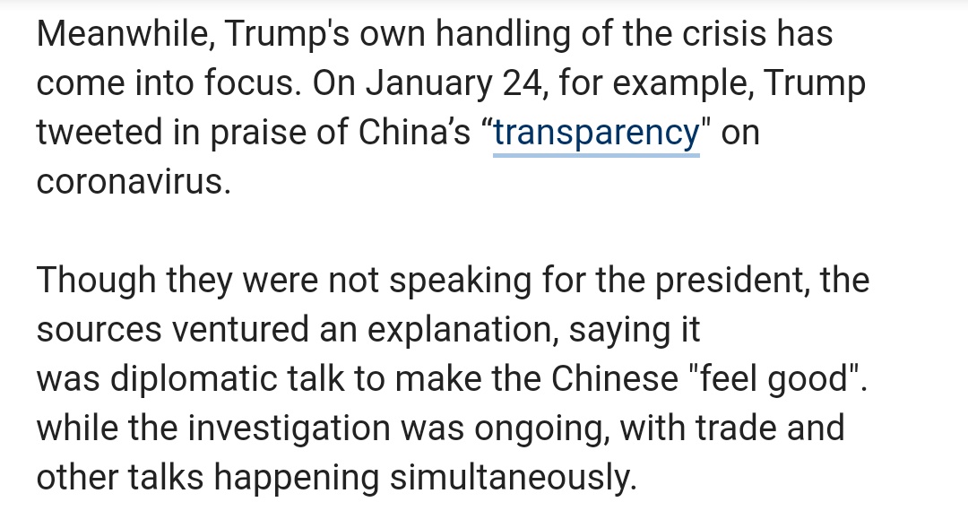 The White House's new claim? Trump's sycophantic tweets throughout January praising President Xi were all just an elaborate ruse! Trump was conducting a cover operation to trick China into thinking all was cool, in order to allow the investigation into the Wuhan lab to continue.