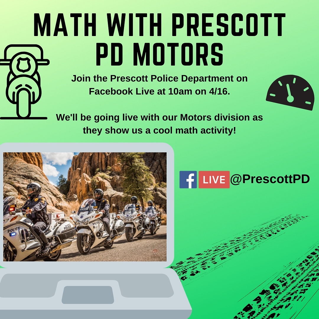 PrescottPD's tweet photo. Join us tomorrow for Facebook Live at 10am, we've got our Motors division ready to show us some math! Bring your questions and participate in the comments!
.
.
#COVIDKindness #Math #StayHomeStaySafe #StayHomeStayConnected #PrescottPD #ThinBlueLine #Motorcycles #Prescott #AZ https://t.co/3FJfLbHok6