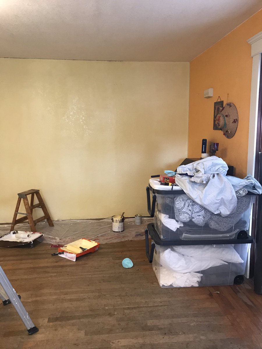 Butter yellow walls- Satan chose all the colors for this project (I had to convince her to let us do a grey accent wall)