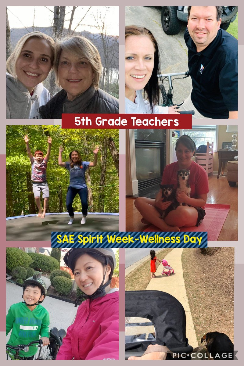 Jenn Lee (@lee_5thgrade) on Twitter photo SAE 5th gr. teachers rocked Wellness Wednesday by jumping on the trampoline, spending outdoor time w/ family, riding our bikes, taking daily walks, and doing yoga with the pups!
<a href="/andylallison/">Andy L. Allison</a> <a href="/MrsAlhadeff/">Karin Alhadeff</a> <a href="/Allisonriven/">Allison Rivenbark</a> <a href="/FaucettFifth/">Katie A Faucett</a> <a href="/sixersgirl2121/">Rebekah Sexton</a> <a href="/EmilySc3301/">Emily Scott</a> <a href="/MrsGrossMcGaugh/">Kathy Gross</a> SAE 5th gr. teachers rocked Wellness Wednesday by jumping on the trampoline, spending outdoor time w/ family, riding our bikes, taking daily walks, and doing yoga with the pups!
<a href="/andylallison/">Andy L. Allison</a> <a href="/MrsAlhadeff/">Karin Alhadeff</a> <a href="/Allisonriven/">Allison Rivenbark</a> <a href="/FaucettFifth/">Katie A Faucett</a> <a href="/sixersgirl2121/">Rebekah Sexton</a> <a href="/EmilySc3301/">Emily Scott</a> <a href="/MrsGrossMcGaugh/">Kathy Gross</a>