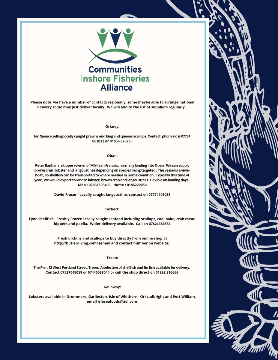 Looking for quality seafood during lockdown? We have some excellent links direct to fishermen, just get in touch on the details below. Stay safe and thanks for supporting local fishermen! <a href="/orkneyfisheries/">Orkney Fisheries Association (OFA)</a> <a href="/ScallopUK/">West Scallop Group</a> <a href="/isleseafoods/">isleseafoods</a> <a href="/isleseafoods/">isleseafoods</a> <a href="/CFAScot/">Clyde Fish</a> <a href="/cssbutler/">Craig Butler</a> #seafood