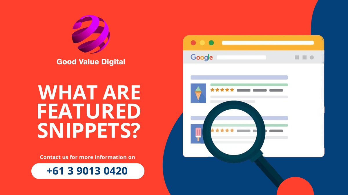 Goodvaluedigitl's tweet photo. Featured Snippets are small selections of text yet informative appearing at the top of Google’s organic search results that are designed to answer a user search query.

Contact us: +61 3 9013 0420

https://t.co/VKgGZcBqCo

#FeaturedSnippets  #Snippets #Google #SEO #SearchResults https://t.co/yWx3xlhO7D
